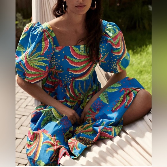 NWOT Farm Rio Blue Bananas Tropical Blue Puff
Sleeve Midi Dress size L - Picture 1 of 10